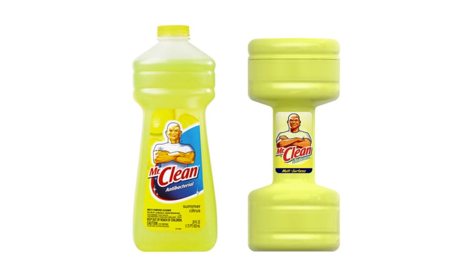 bright yellow dumbbell with Mr. Clean label next to a bottle of Mr. Clean